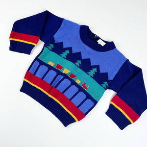 Vintage Baby Togs 80s Knit Colorblock‎ Sweater Train Cars Size 18 months